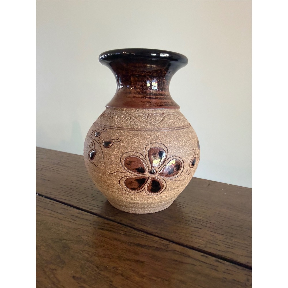 Vintage Pottery Vase Small Brown Tan Good Etched Floral Stoneware Studio Signed